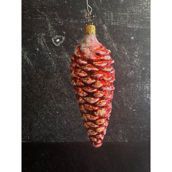 Inge Glass Large Red Blown Glass Glittered Pine Cone Christmas Ornament 6.5" Han - Picture 5 of 6